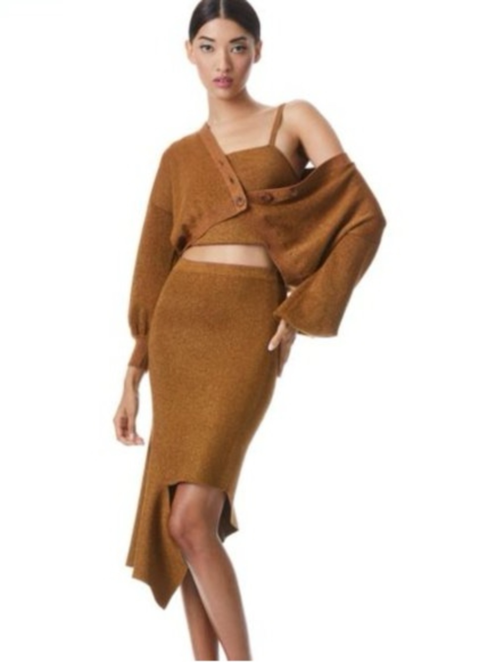 Alice+Olivia Metallic Knit Set Bronze Copper XS Cardigan Cami Asymmetrical Skirt